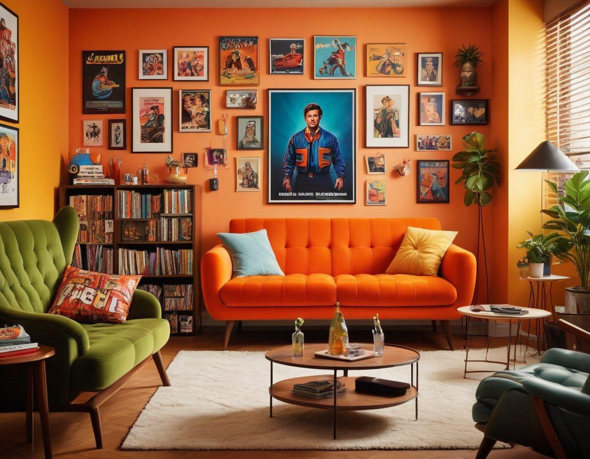 A lively pop culture scene featuring various icons from movies, music, and gaming, intertwining in a vibrant collage. Include recognizable characters lounging on a couch, surrounded by snacks and gadgets, with colorful posters on the walls. Incorporate a vintage television showcasing Marutv updates, emanating a warm glow. Create a playful and energetic atmosphere that embodies excitement and nostalgia. vibrant colors. 3D. retro style.