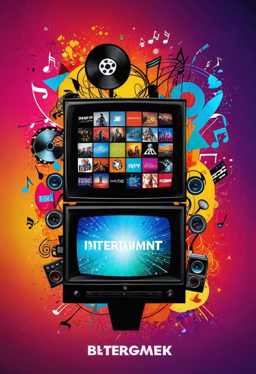 A vibrant collage featuring various forms of entertainment, such as a movie reel, a television screen displaying marutv shows, and musical notes symbolizing music streaming, all interconnected with waves representing connectivity. The background should have a dynamic blend of colors, illustrating the excitement of staying updated with entertainment trends. super-realistic. vibrant colors. digital art.