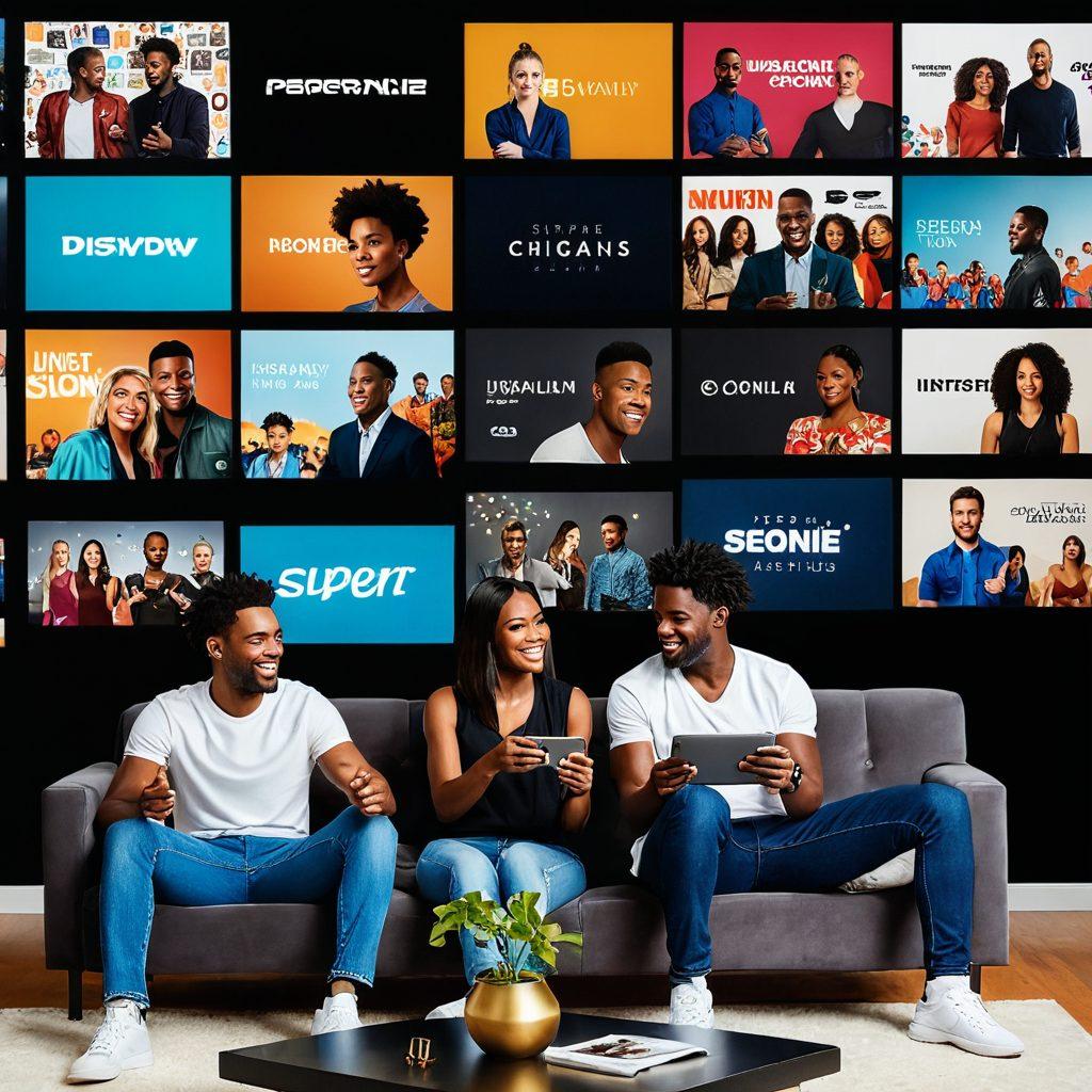 A dynamic collage showcasing a diverse group of people immersed in various streaming experiences on sleek devices. Include elements symbolizing reviews, like stars and thumbs up, alongside vibrant visuals of popular shows and movies. Incorporate a glowing 'Discover' button illuminated in a modern, tech-inspired setting. The atmosphere should exude excitement and engagement, with a backdrop of a stylish living room. vibrant colors. super-realistic.